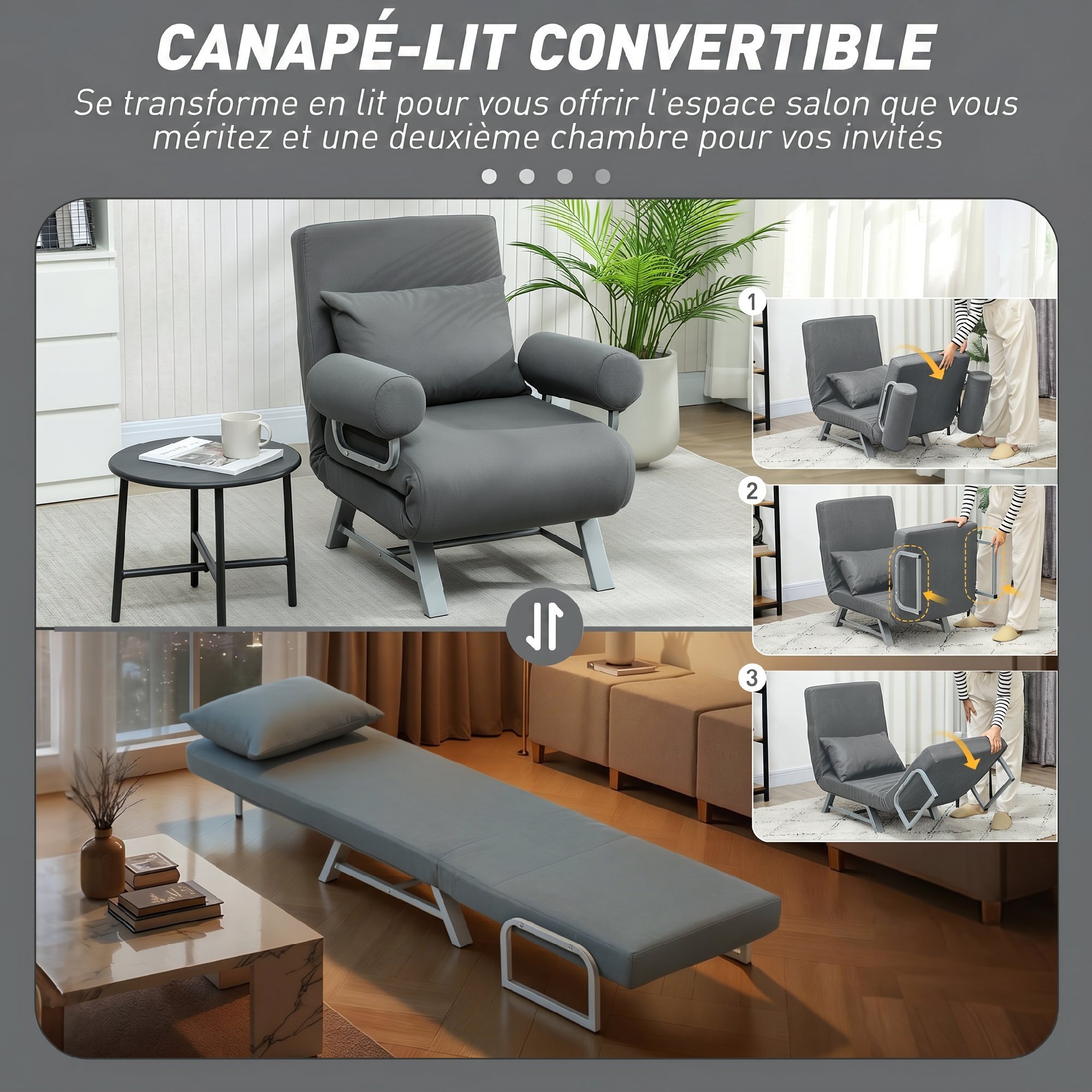 Fauteuil chauffeuse convertible inclinable coussin lombaires accoudoirs piètement métal lin gris foncé