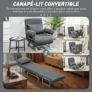 Fauteuil chauffeuse convertible inclinable coussin lombaires accoudoirs piètement métal lin gris foncé