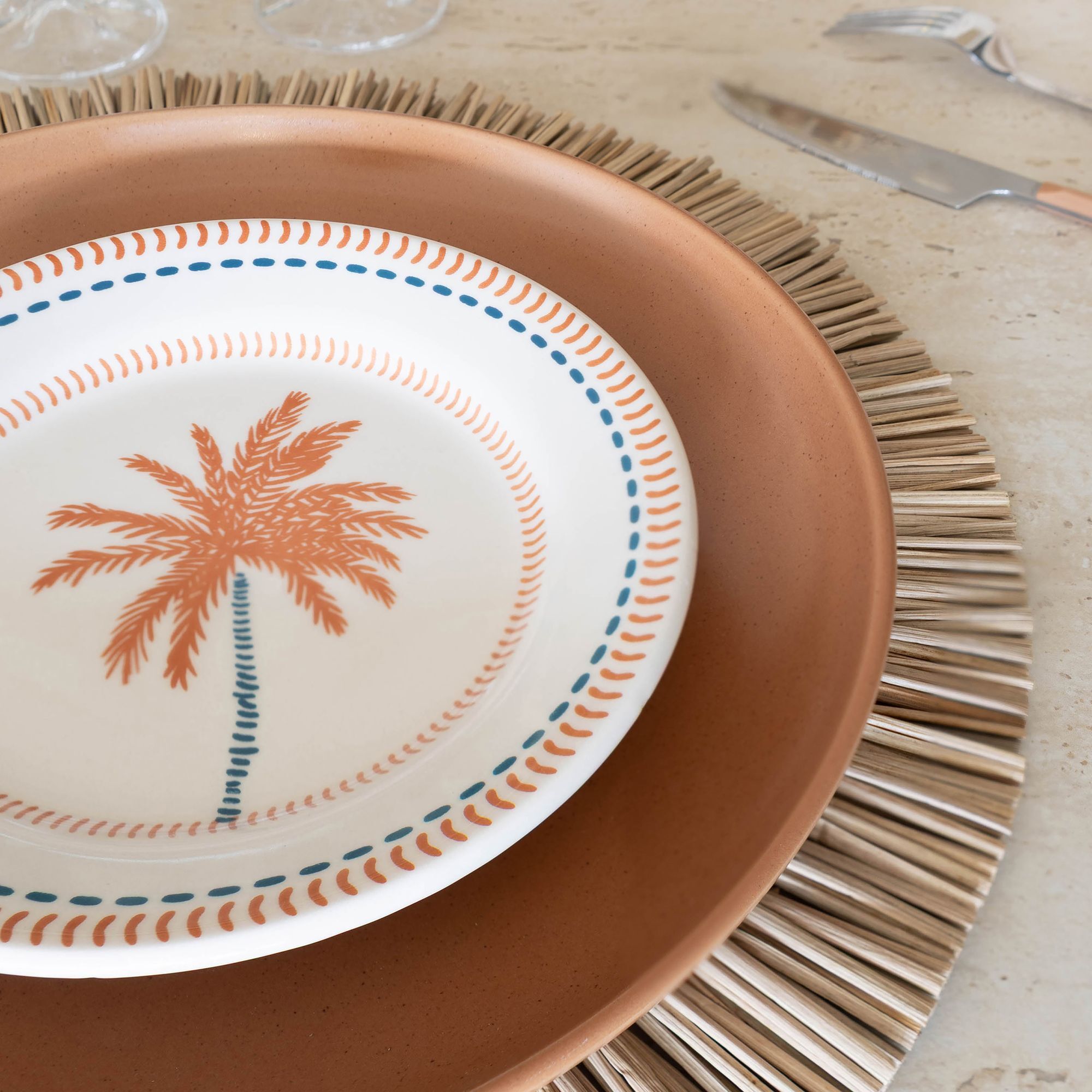 Lot de 6 assiettes à dessert dessin tropical en grès 18cm TROPIQUE