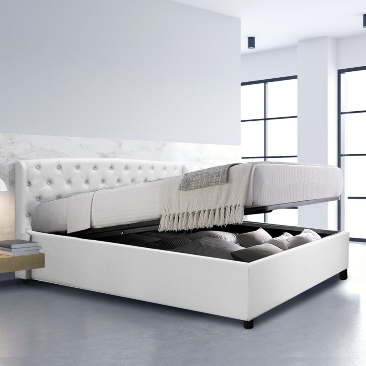 Lit coffre Naples avec tête de lit capitonnée | Espace de Stockage jusqu'à 900 L | Robustesse et confort | Simili cuir | Blanc