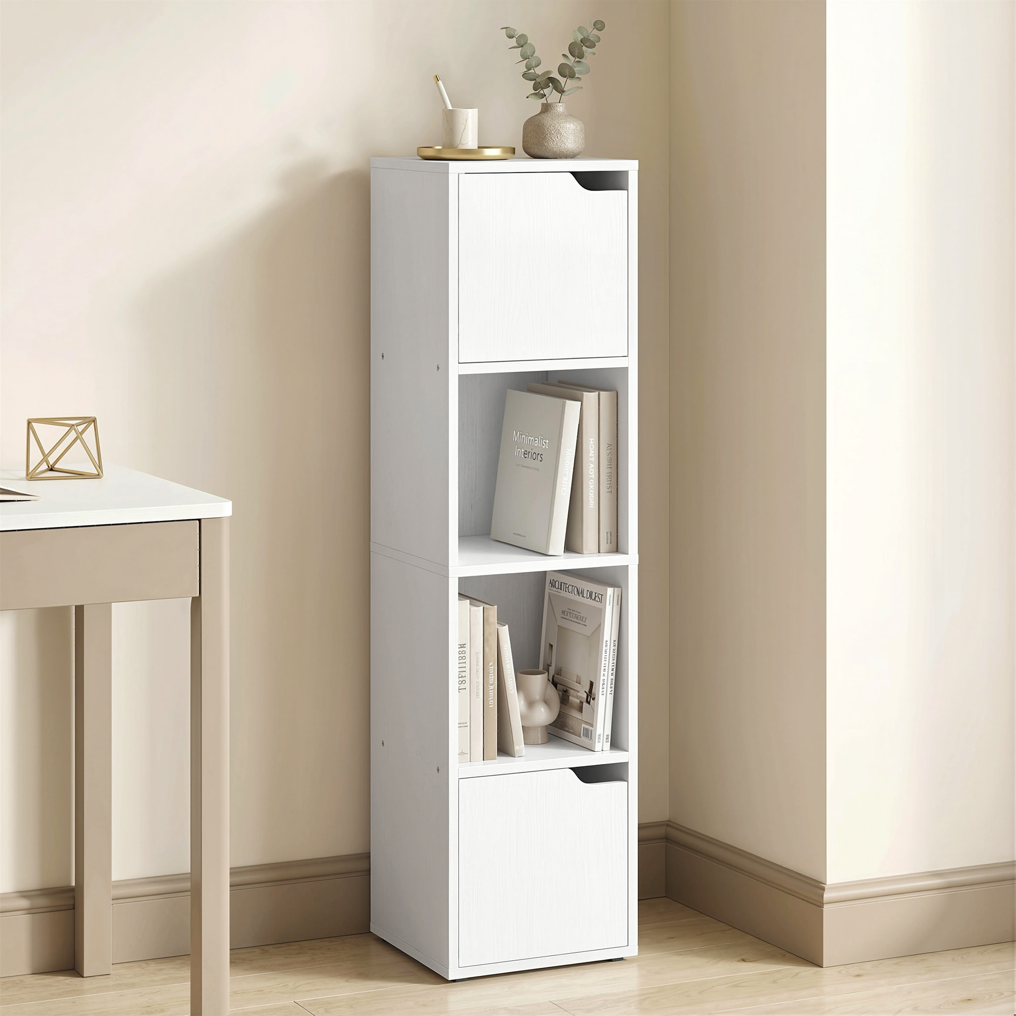 Estantería para Libros con 2 Puertas, Librería Estrecha de 4 Niveles con 2 Estantes Abiertos, Armario Alto para Salón, Estudio, Oficina, 30x29x119 cm, Blanco