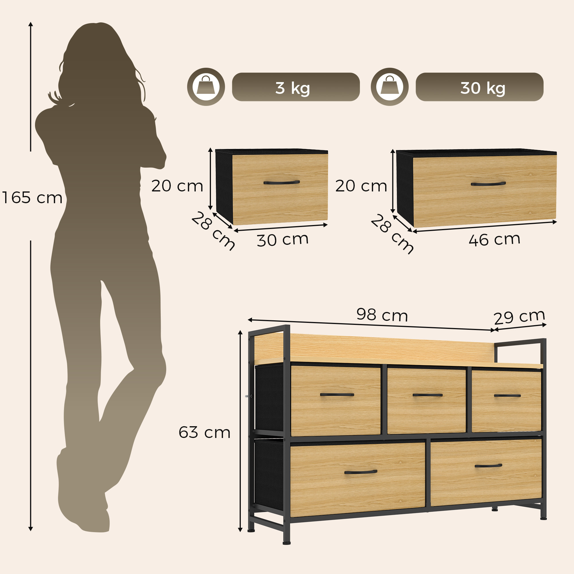 Mueble Organizador Cajonera de Tela con Cajones Plegables Estante Abierto y Marco de Acero Estilo Industrial para Salón Recibidor Dormitorio 98x29x63 cm, Roble