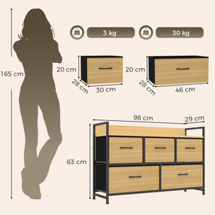 Mueble Organizador Cajonera de Tela con Cajones Plegables Estante Abierto y Marco de Acero Estilo Industrial para Salón Recibidor Dormitorio 98x29x63 cm, Roble