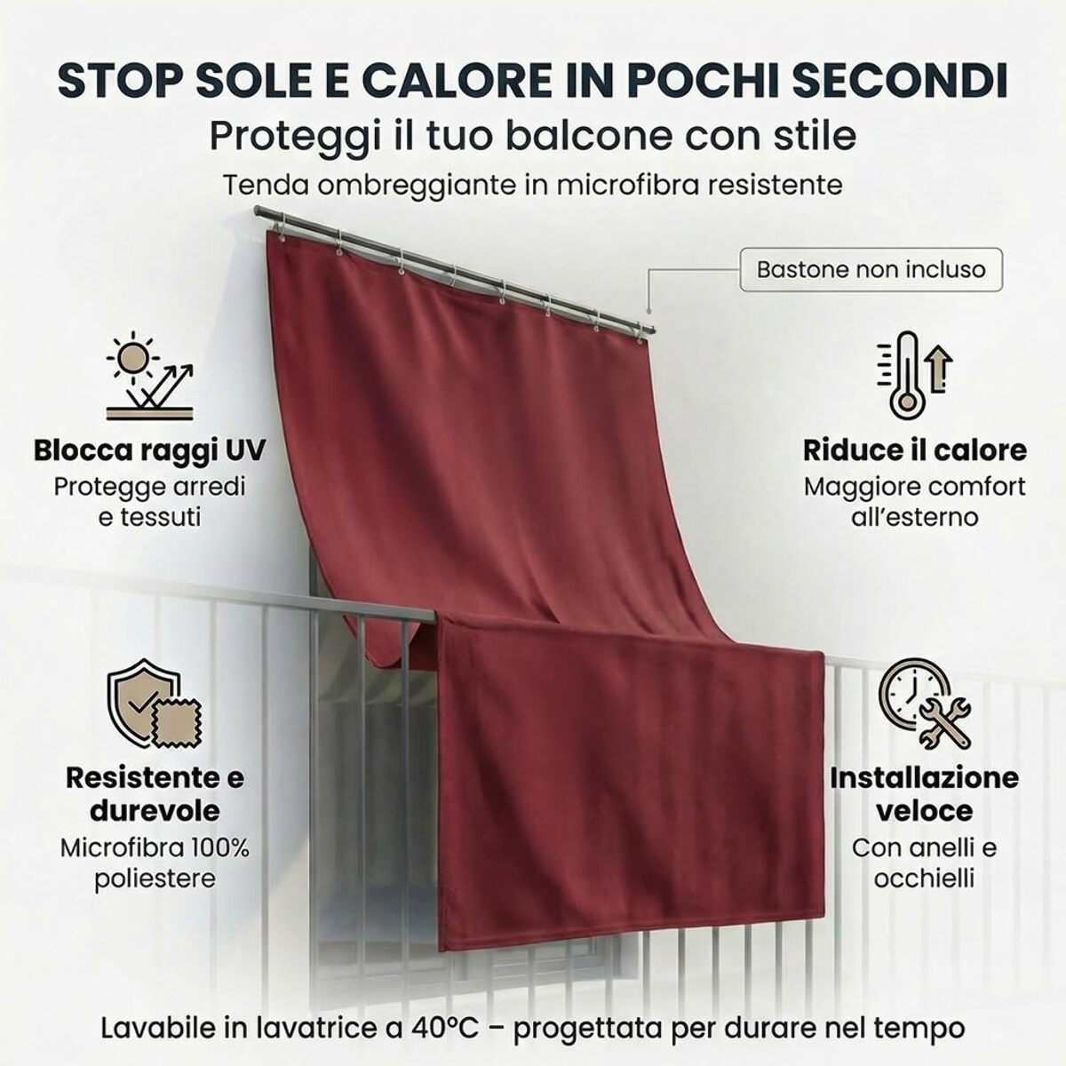 Tenda da sole a caduta impermeabile per esterno con occhielli, telo parasole resistente ai raggi UV e intemperie, protegge da luce e calore, aumenta privacy su balcone e terrazzo, facile da installare, tessuto in poliestere durevole e lavabile