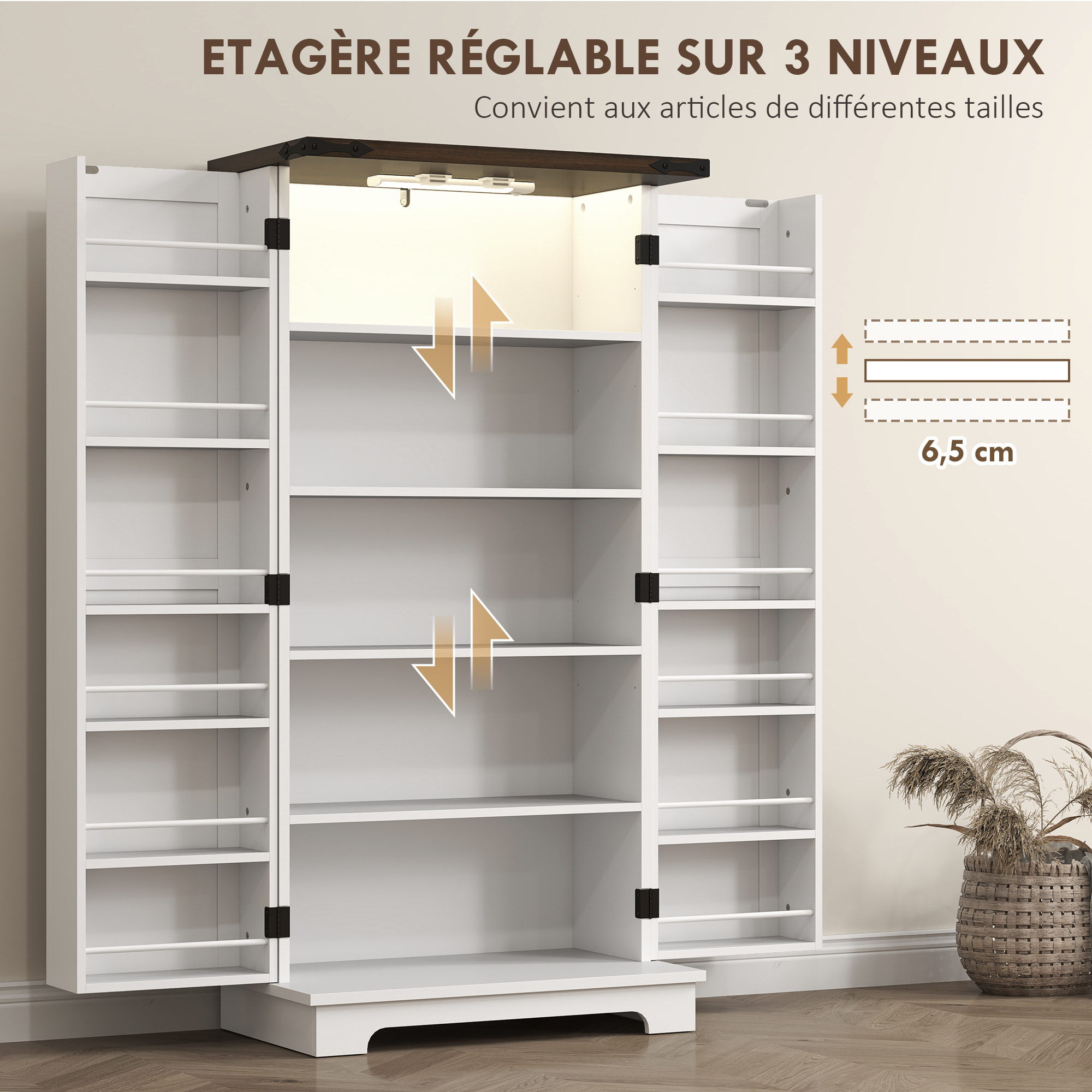 Buffet cuisine, meuble cuisine rangement, vaisselier avec 12 étagères à portes, lumière LED magnétique, double porte de grange, pour salle à manger, salon, 60 x 40 x 120 cm, blanc
