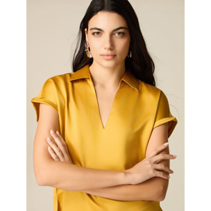 Oltre - T-shirt bimaterica con scollo a V - Giallo