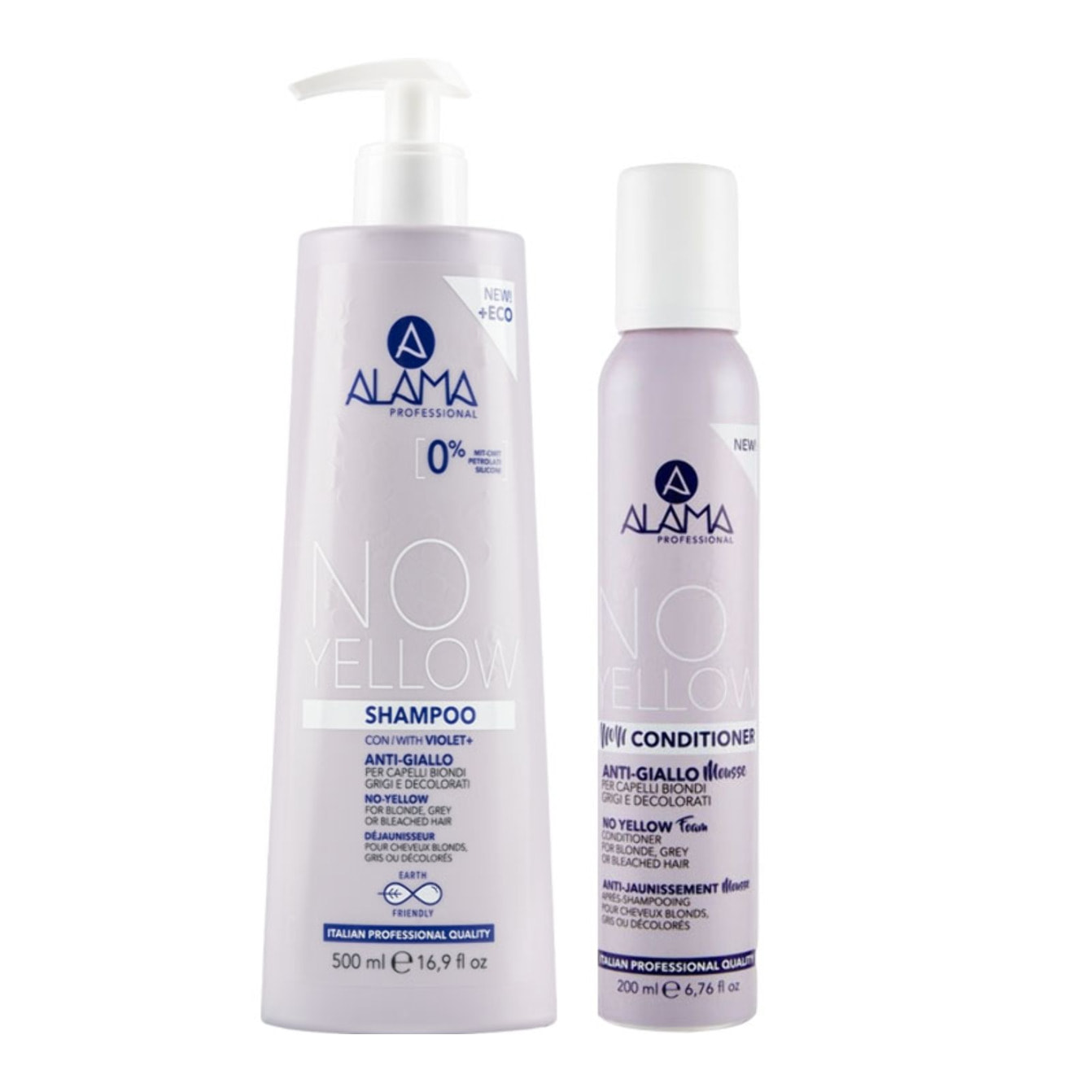 Kit profesional ALAMA Champú sin colorante amarillo 500 ml + Espuma acondicionadora 200 ml