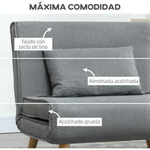 Sofá Cama de 1 Plaza 3 en 1, Sillón Cama Plegable Tapizado en Lino Sintético, con Respaldo Ajustable en 6 Niveles, Almohada, Asiento Ancho, Patas de Madera, 90x78x79 cm, Gris