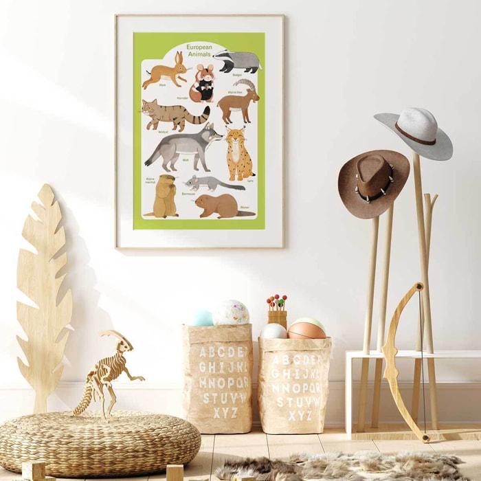 Affiche enfant animaux d'europe  Affiche sous cadre bois