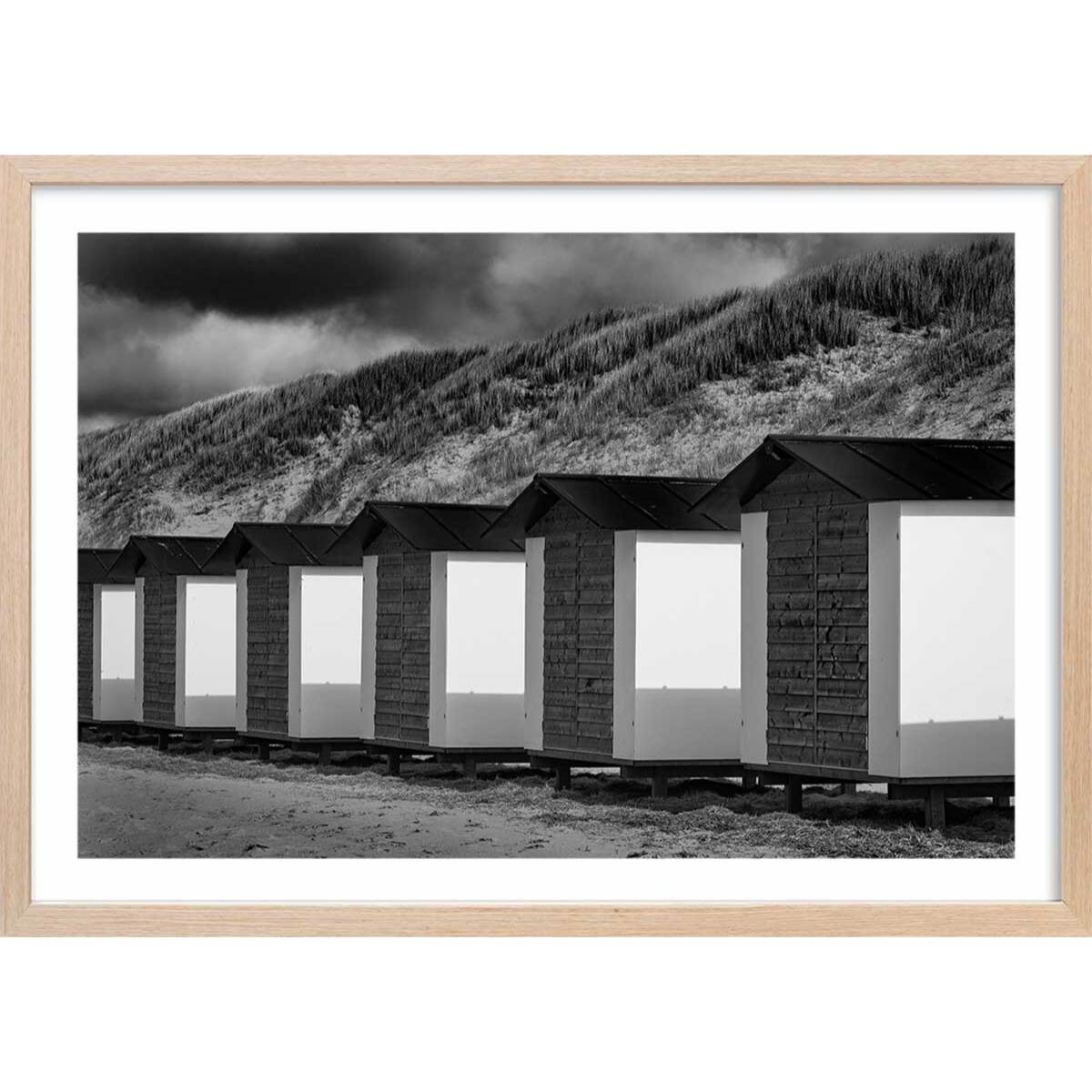 Poster cabanes de plage Affiche + cadre en bois - Chêne