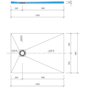 Receveur de douche à carreler 120 x 90 WEDI Fundo Primo écoulement excentré + bonde horizontale + kit d'étanchéité + colle 320