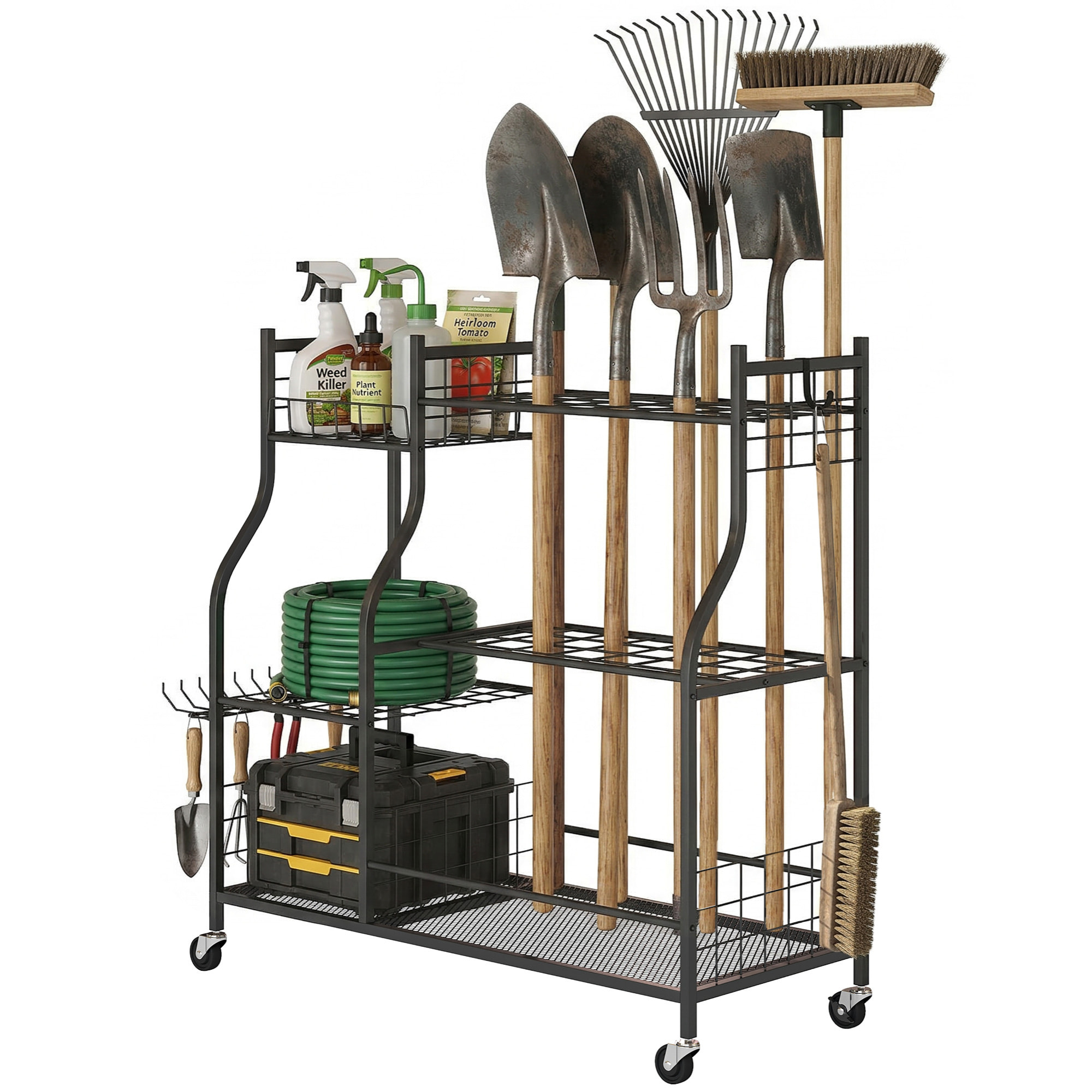 Organisateur d'outils de jardin - chariot de jardin - 11 crochets, 32 compartiments, 3 étagères - acier noir