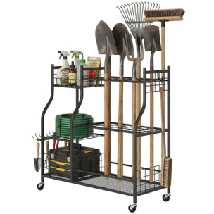 Organisateur d'outils de jardin - chariot de jardin - 11 crochets, 32 compartiments, 3 étagères - acier noir