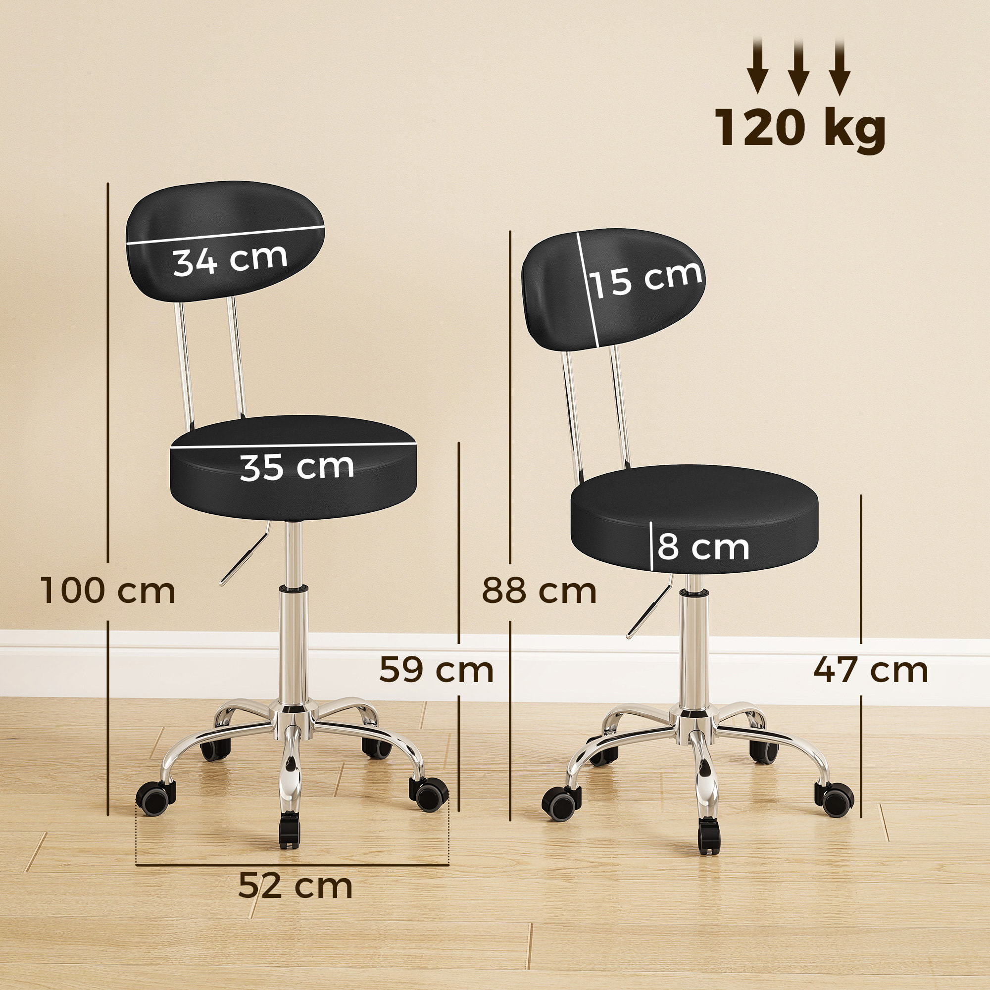 HOMCOM Taburete con Ruedas, Taburete Giratorio con Respaldo, Altura Regulable, Tapizado en Cuero Sintético, Asiento Acolchado, para Spa, Tatuajes, Oficina, Dormitorio, Negro