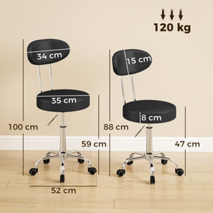 HOMCOM Taburete con Ruedas, Taburete Giratorio con Respaldo, Altura Regulable, Tapizado en Cuero Sintético, Asiento Acolchado, para Spa, Tatuajes, Oficina, Dormitorio, Negro