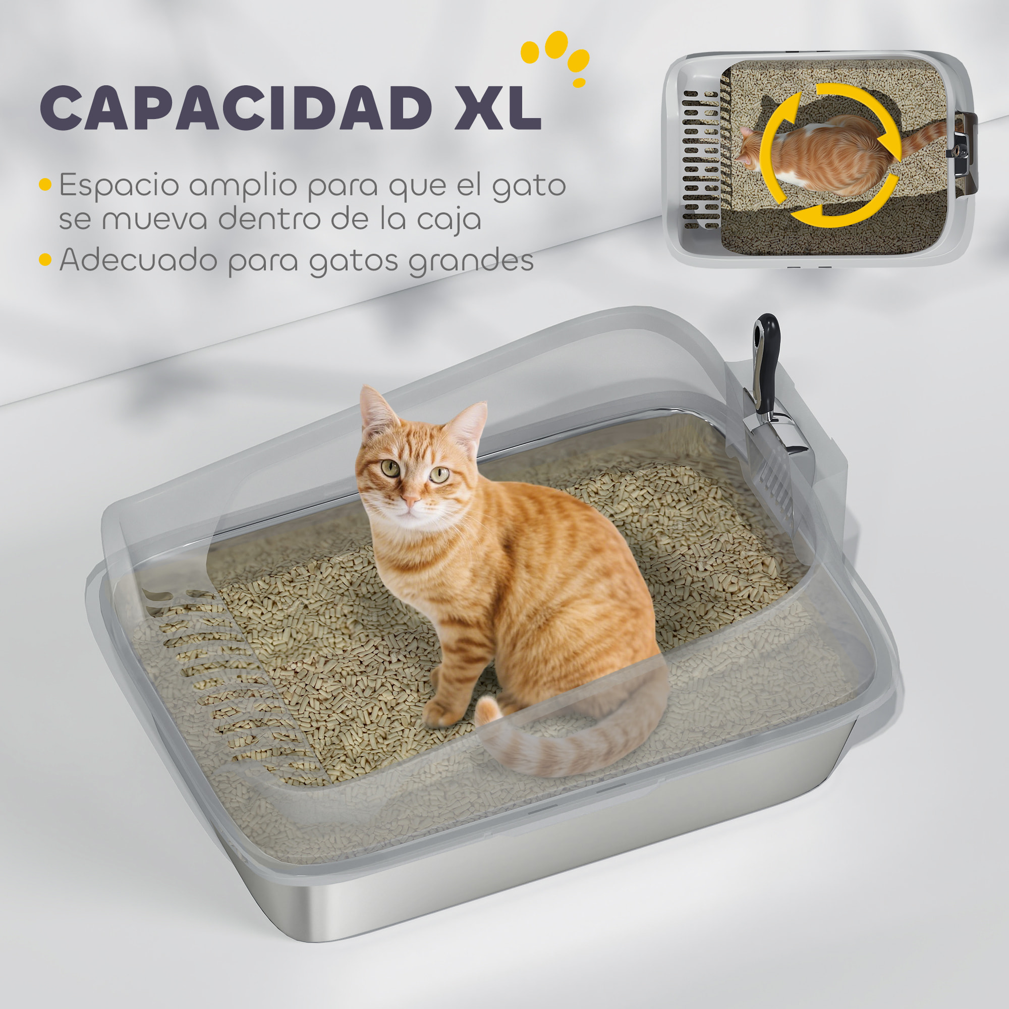 Arenero para Gatos de Acero Inoxidable XL, Caja de Arena para Gatos, Arenero con Borde Alto, Pala Metálica, Fácil de Limpiar, Prueba de Fugas, 60,2x40,2x29,7 cm, Gris