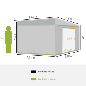 Cobertizo de Jardín 280x345x201 cm 8,9 m² Caseta Exterior de Acero para Almacenamiento de Herramientas con Puerta y 2 Ventanas Gris