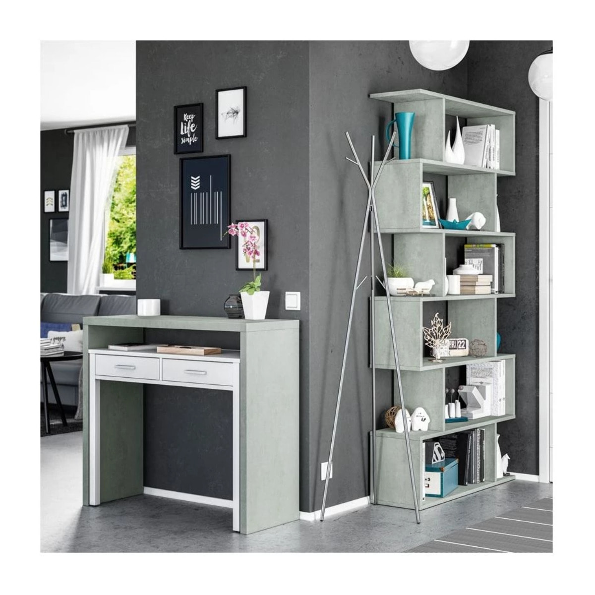 Mesa de escritorio extensible Bureau Blanco Artik (Blanco Mate) - Gris Cemento