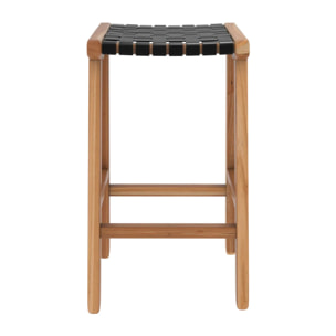Tabouret pour îlot central 68 cm en teck et cuir tressé noir - Kuna
