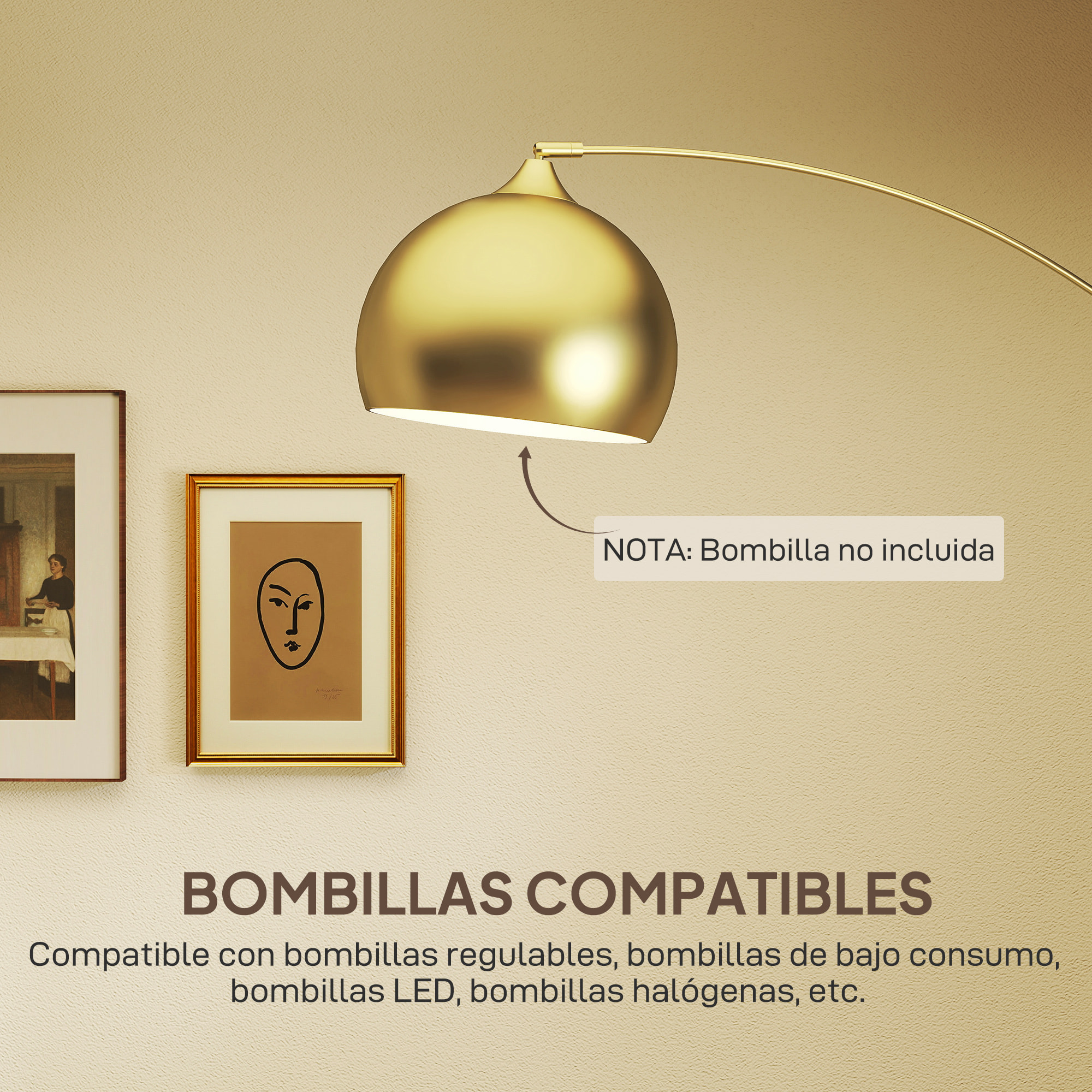 Lámpara de Pie Arco Moderna, Lámpara de Lectura de Pie 40 W para Bombilla E27 con Altura y Longitud Ajustable, Interruptor de Pie, para Salón, Dormitorio, Oficina, 110-115x35x170-180 cm, Dorado