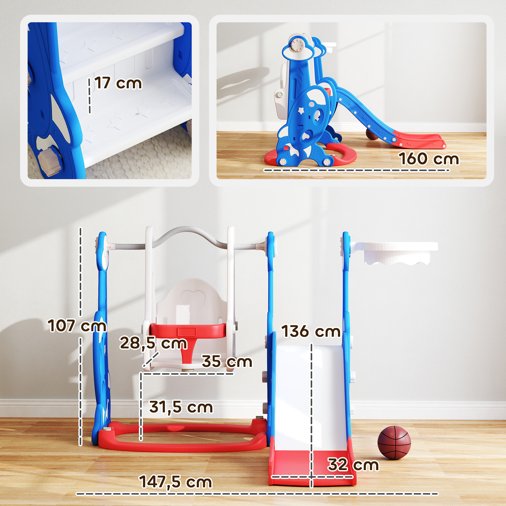 Tobogán Infantil 4 en 1 Parque Infantil con Columpio y Tobogán Escalador Aro de Baloncesto Temática de Cohete para Interior Multicolor