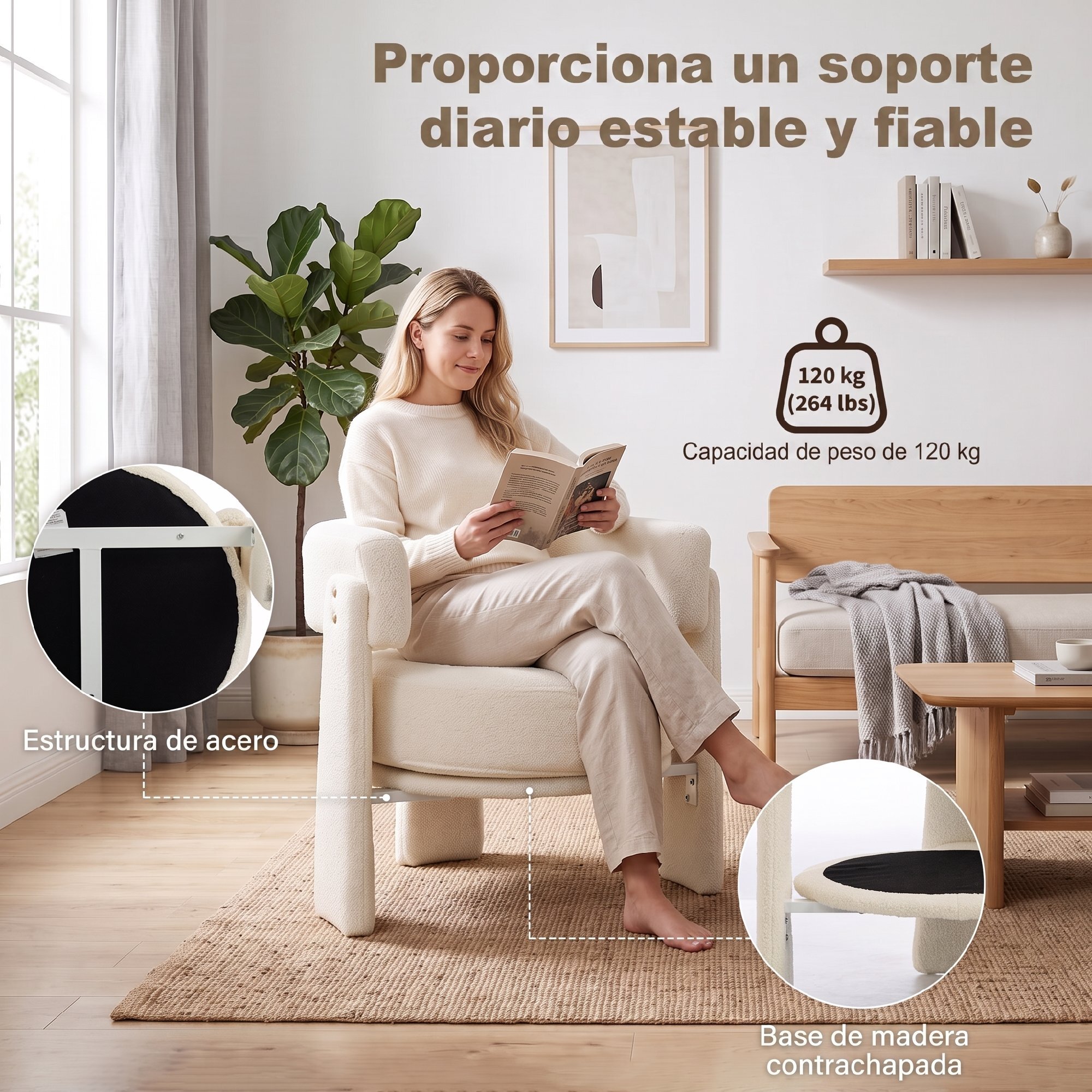 HOMCOM Butaca de Salón, Tapizado en Borreguito, Sillón de Salón, con Cojín Lumbar, Asiento Profundo, Acolchado Grueso y Reposabrazos Integrados, para Dormitorio, Lectura, Blanco Crema