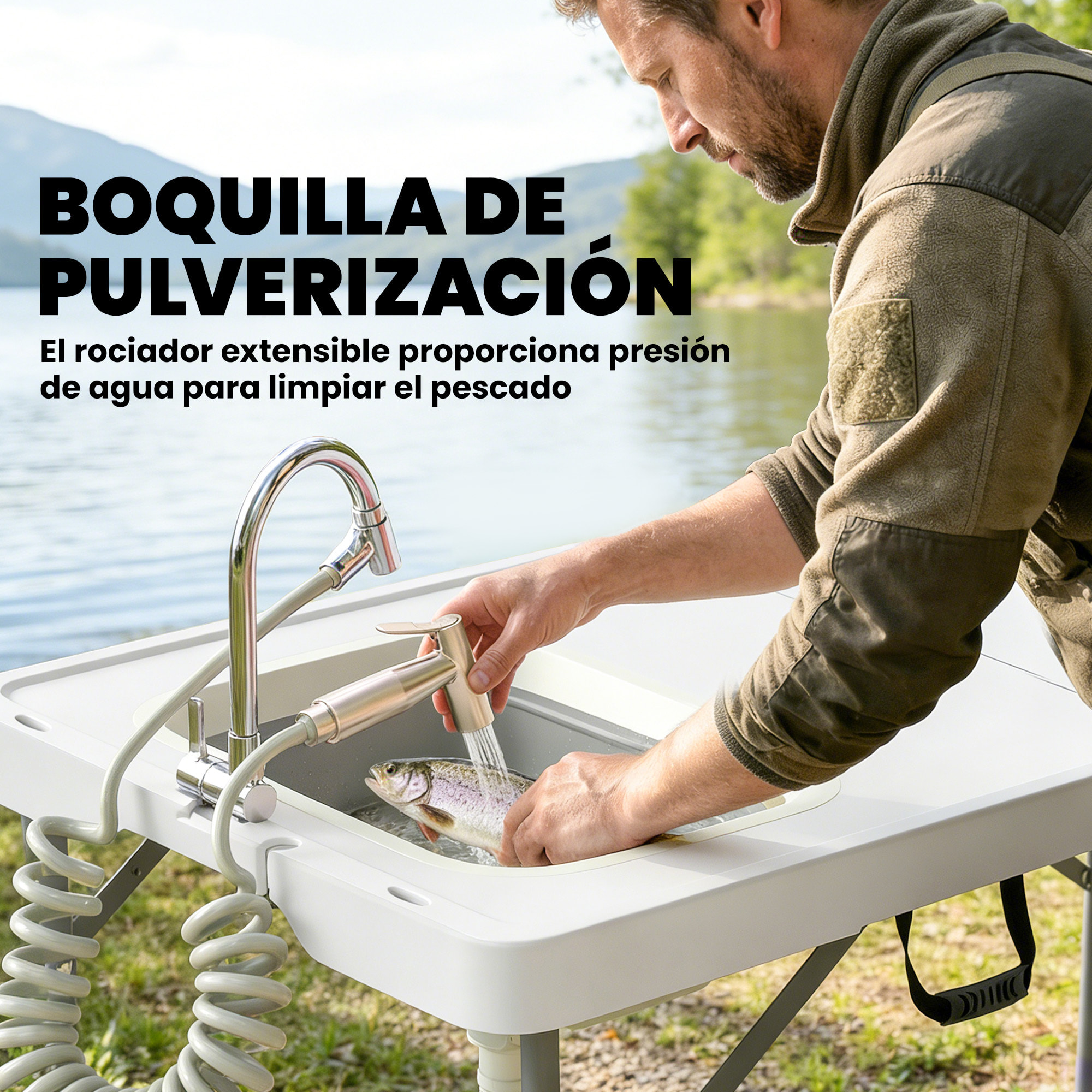 Mesa de Limpieza de Pescado Portátil, Mesa Plegable Camping con Altura Regulable, Grifo, Fregadero y Cesta Plegables, Manguera, Bolsa de Transporte, Regla, Ranuras, Estación de Limpieza Pesca