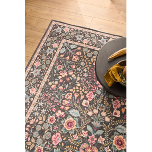 OTTOMAN - Tapis à poils courts doux à motif fleuri noir