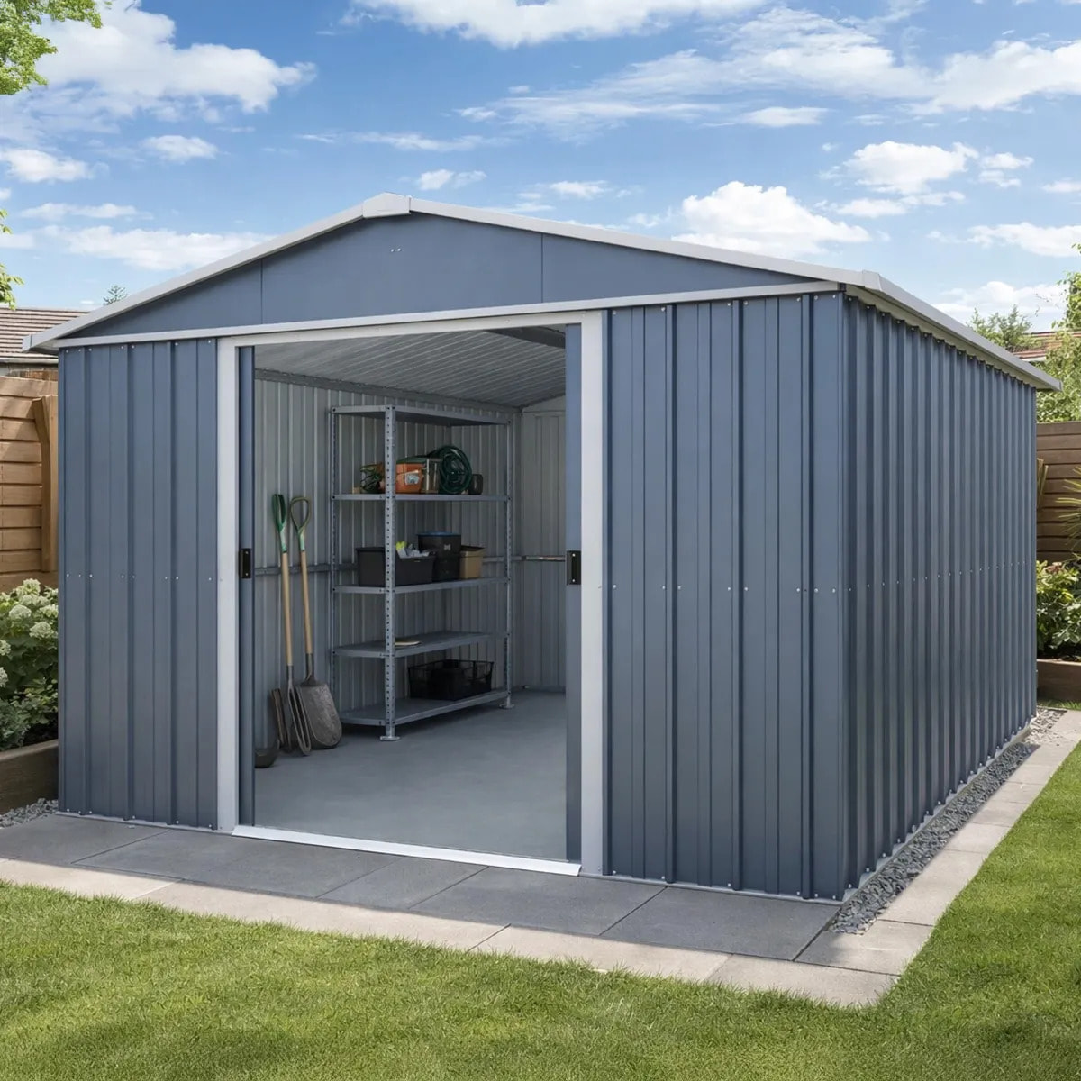 Abri de jardin métal gris Yardmaster 11,03 m² + kit d'ancrage