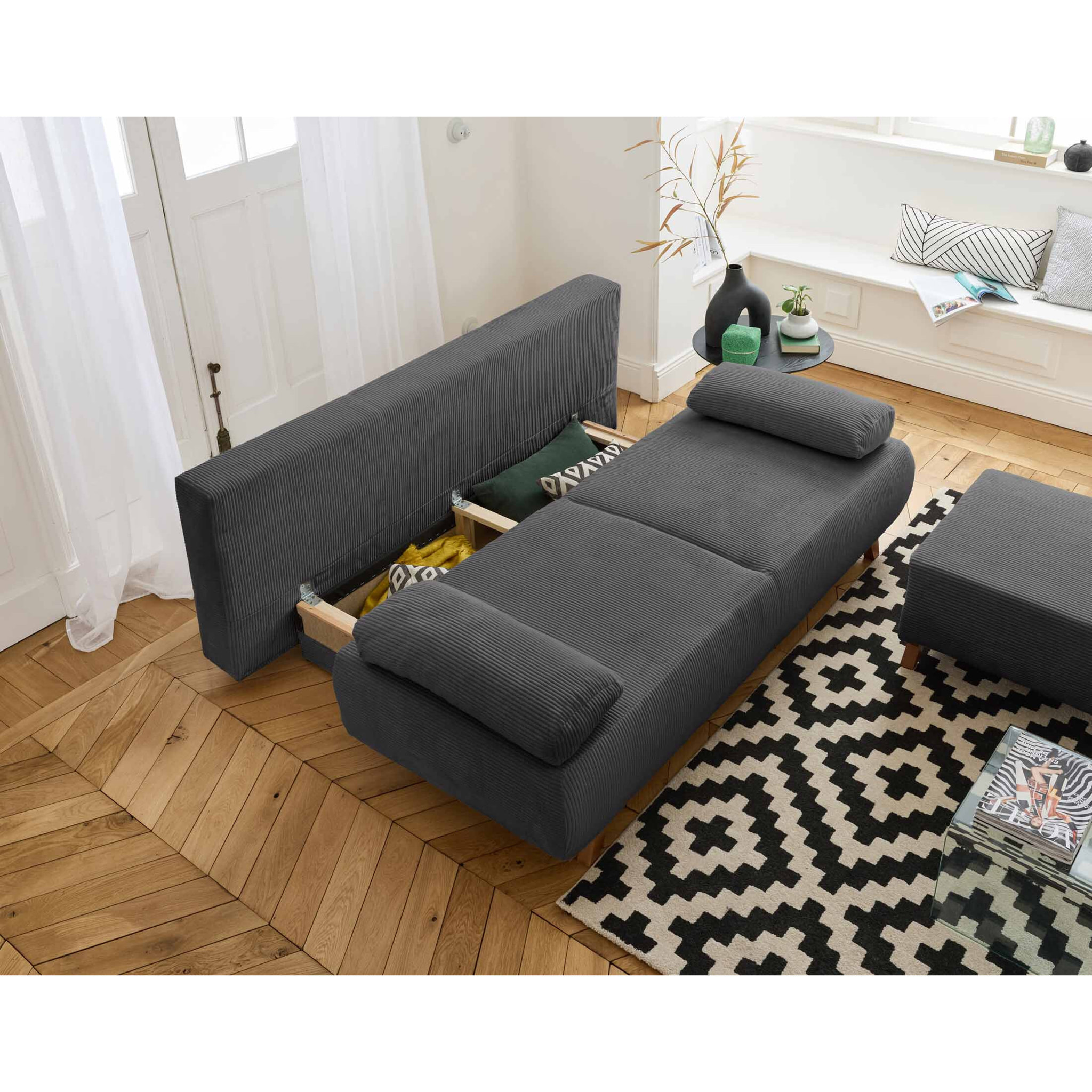 Cristal - canapé 3 places - convertible avec coffre et pouf - en velours côtelé - Gris foncé