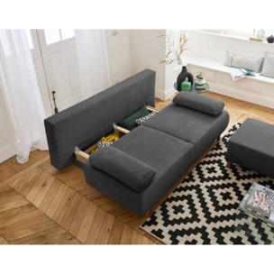 Cristal - canapé 3 places - convertible avec coffre et pouf - en velours côtelé - Gris foncé