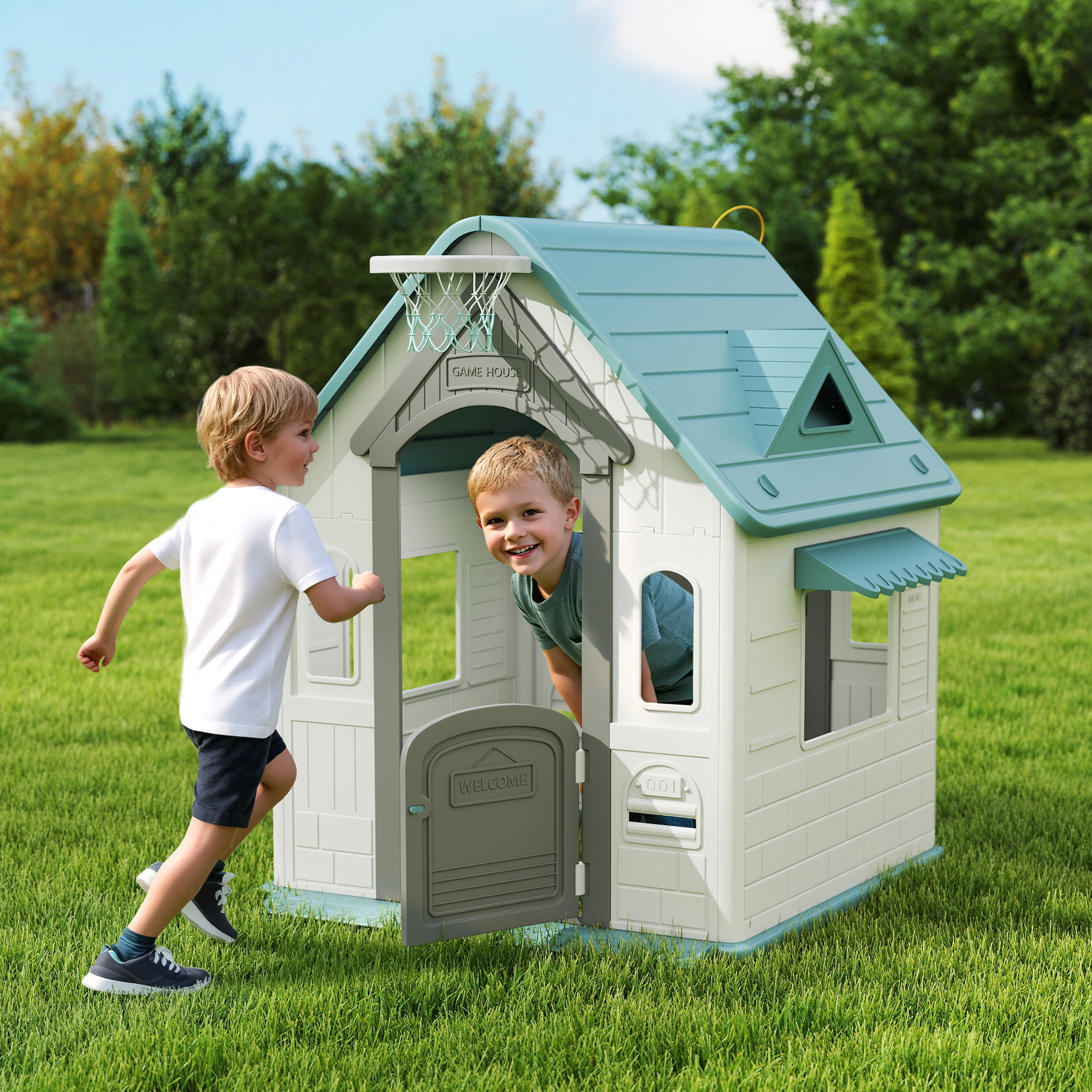 Casita Infantil Exterior e Interior 5 en 1, Casita Infantil de Jardín con Lanzamiento de Aros, Baloncesto, Fútbol, Dardos, Casa de Juegos para Niños de 2-5 Años, Beige