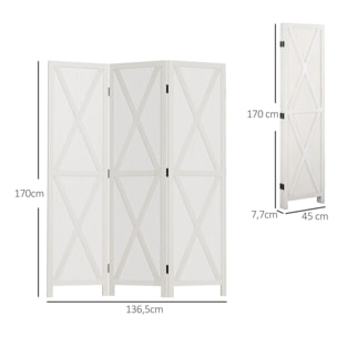 Biombo de 3 Paneles Separador de Ambientes Plegable 136,5x170 cm Divisor de Habitación de Madera para Salón Oficina Dormitorio Blanco