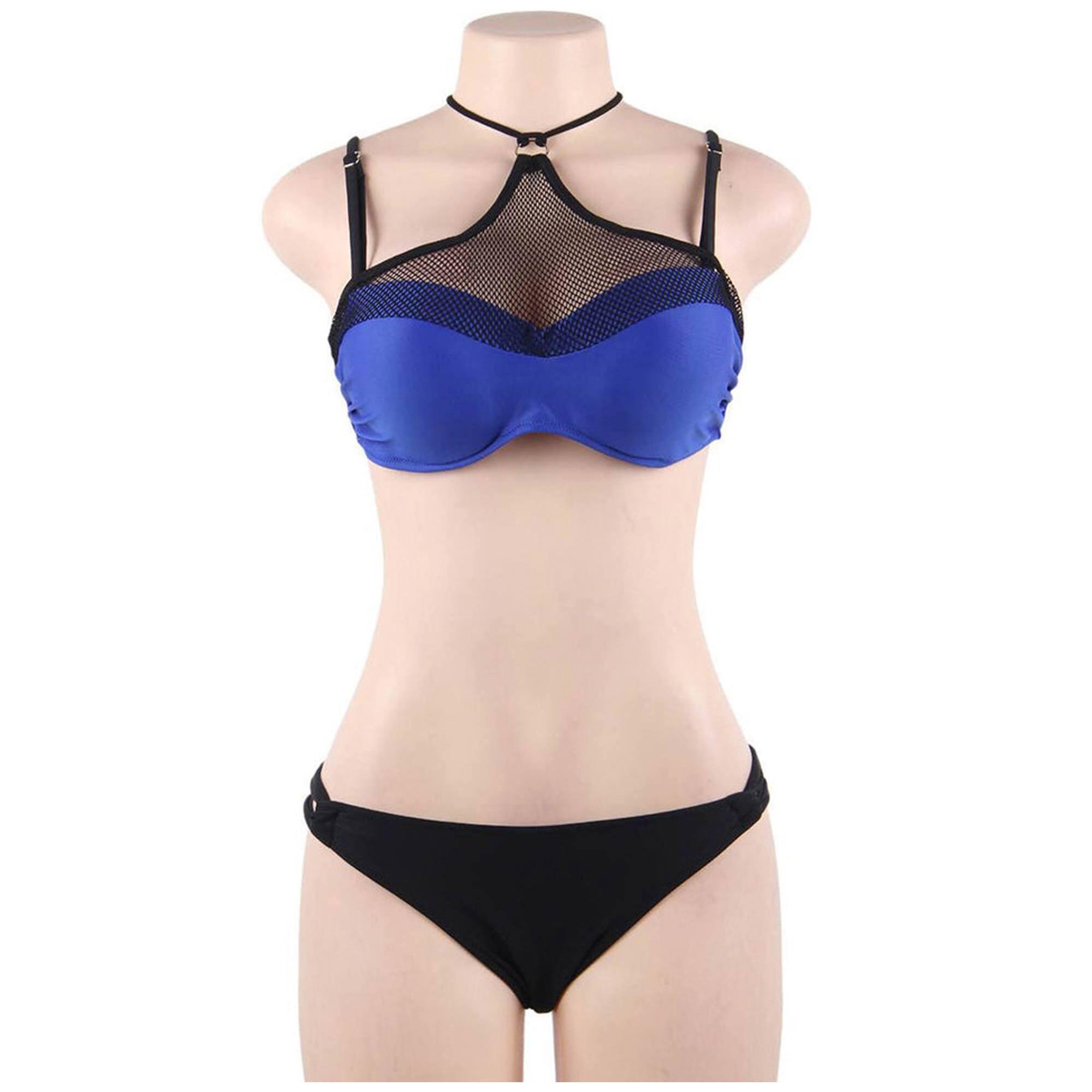 Bikini sexy azul con push up y malla con cuello elegante