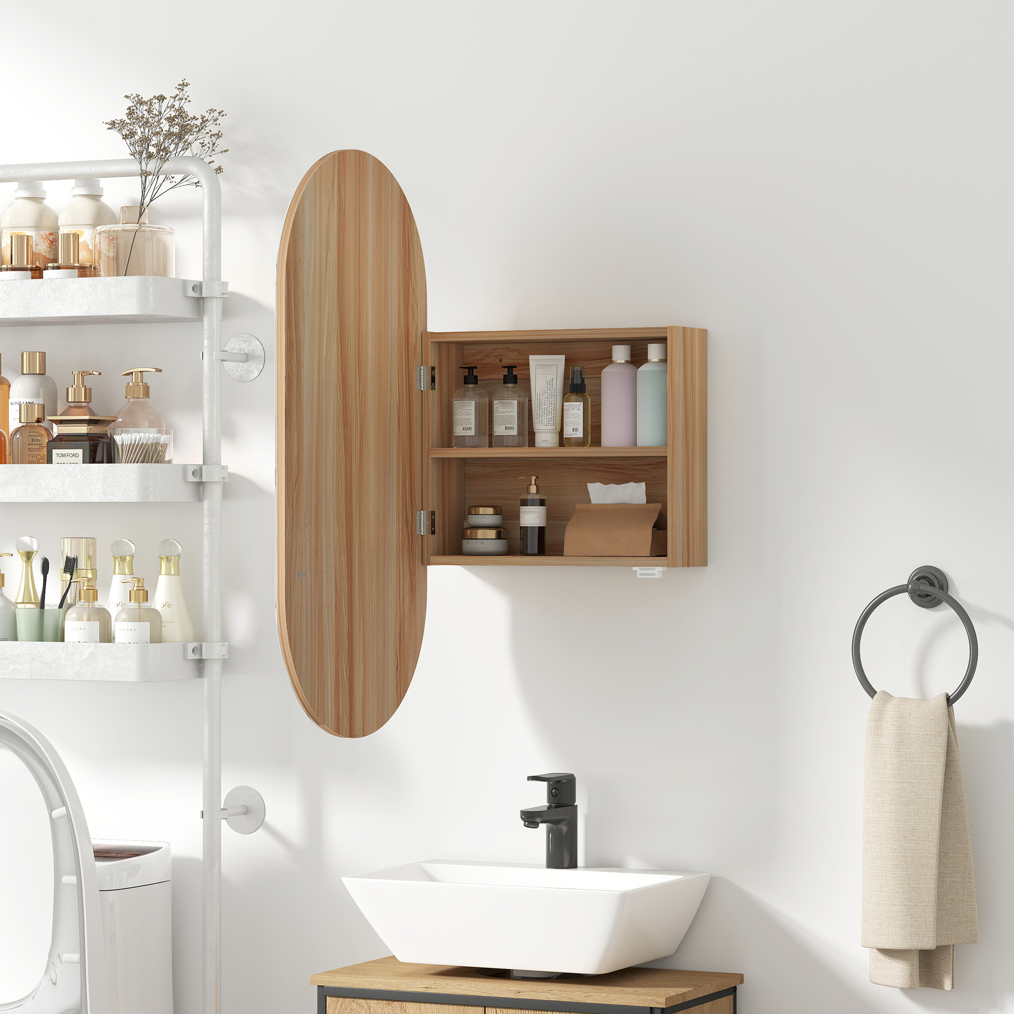 Armoire miroir design ovale dim. 45 x 90 cm étagère effet bois clair