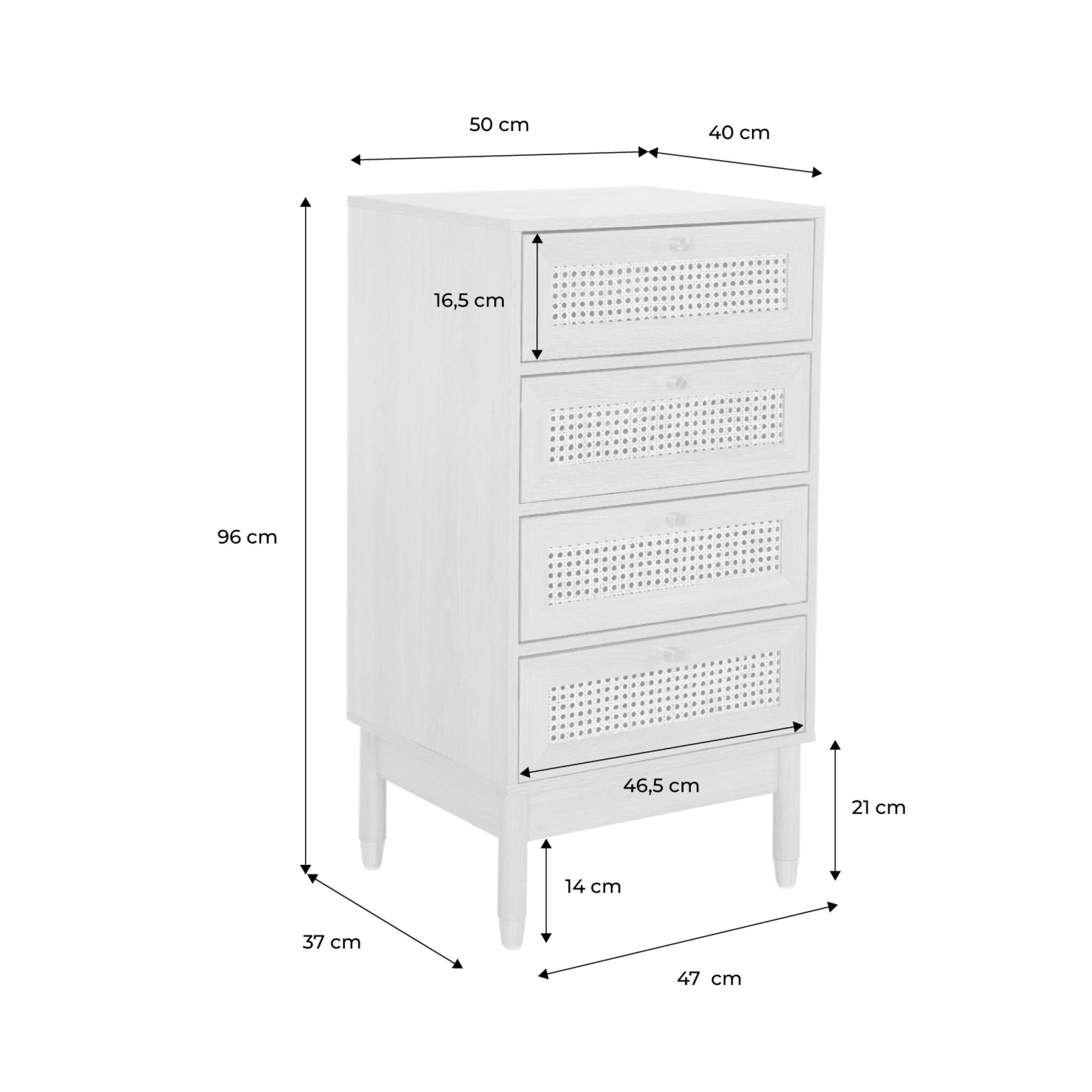 Commode chiffonnier décor bois et cannage 4 tiroirs teinte naturelle - 50 x 40 x 96 cm - Judith