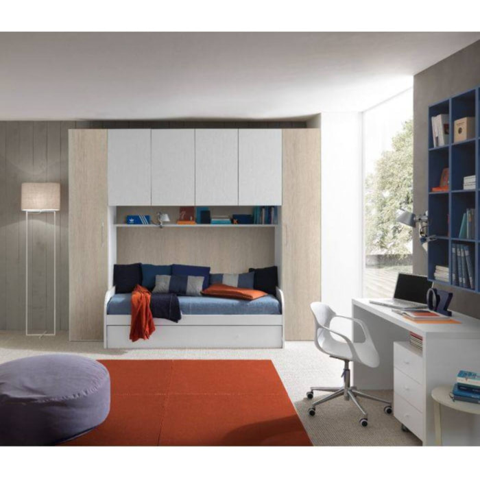 Cameretta completa di armadio a 6 ante e divano letto con secondo letto estraibile, mensola abbinata, doghe incluse, Made in Italy, cm 293x90x247, colore Bianco e Olmo