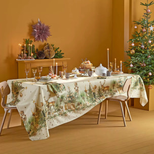 Nappe lin & coton lavé 150 g/m² imprimé beige vert Noel vintage dore