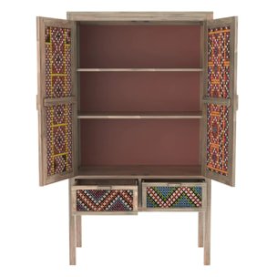 Armoire 2 portes 2 tiroirs en manguier et cannage coloré - Massaï