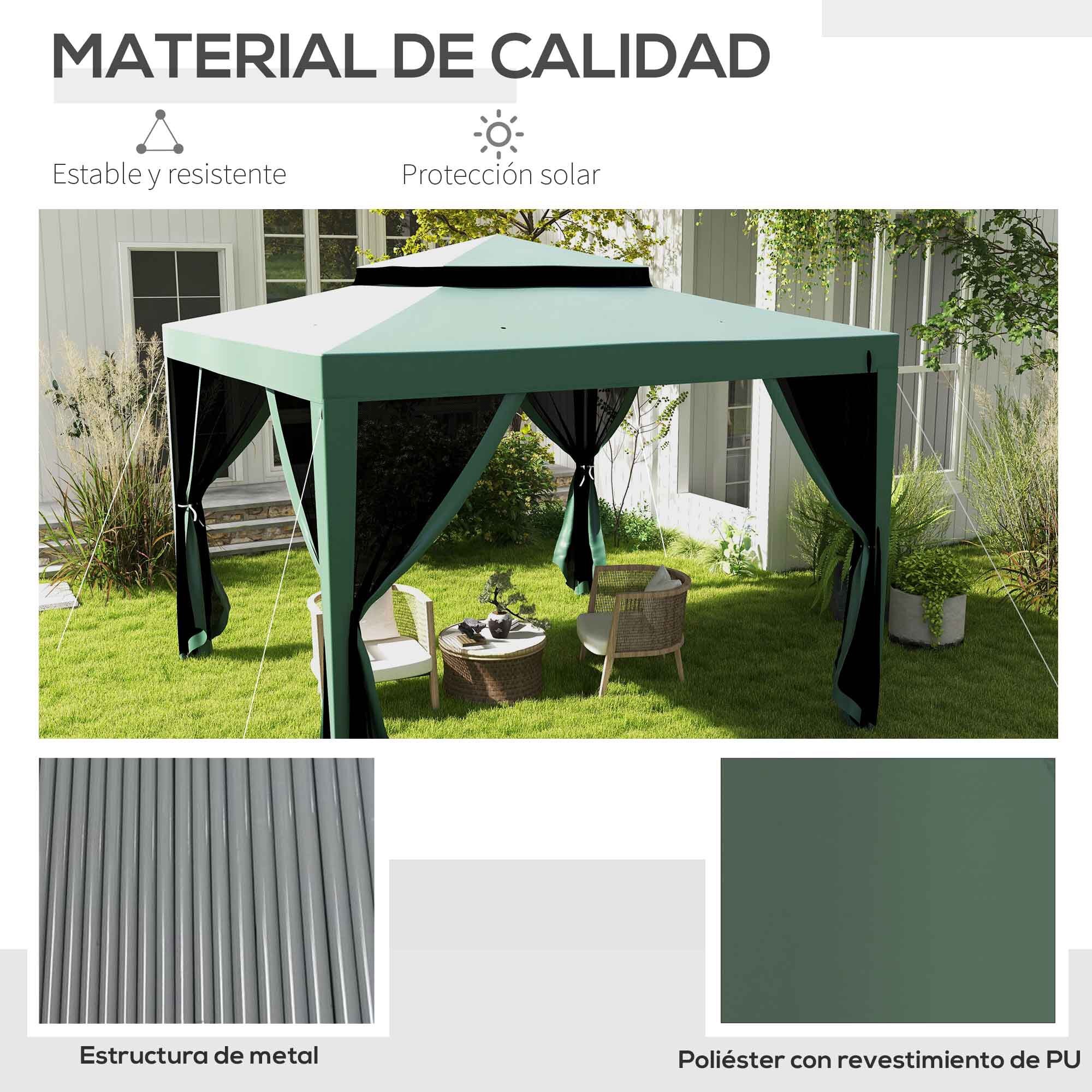 Carpa de Jardín 3x3 m Cenador Gazebo con 4 Mosquiteras Laterales Techo Doble 8 Orificios de Drenaje y Marco de Metal para Terraza Patio Exterior Verde