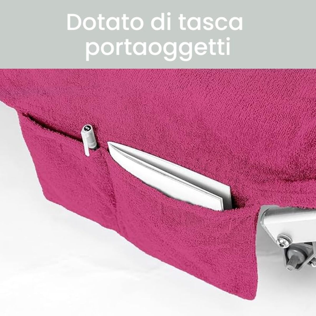 INTRECCI Telo Mare in Spugna, Asciugamano da Spiaggia Grande, 75x190 cm, Telo Mare Lettino con Tasche Portaoggetti e Bottoni, 100% Cotone, Morbido, Assorbente, Asciuga Rapidamente, Colore: Fucsia