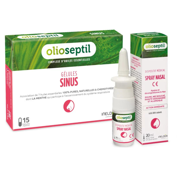 OLIOSEPTIL - Duo Sinus - Gélules Sinus + Spray Nasal - Aide à dégager, apaiser et assainir les voies respiratoires - Idéal en cas de nez bouché