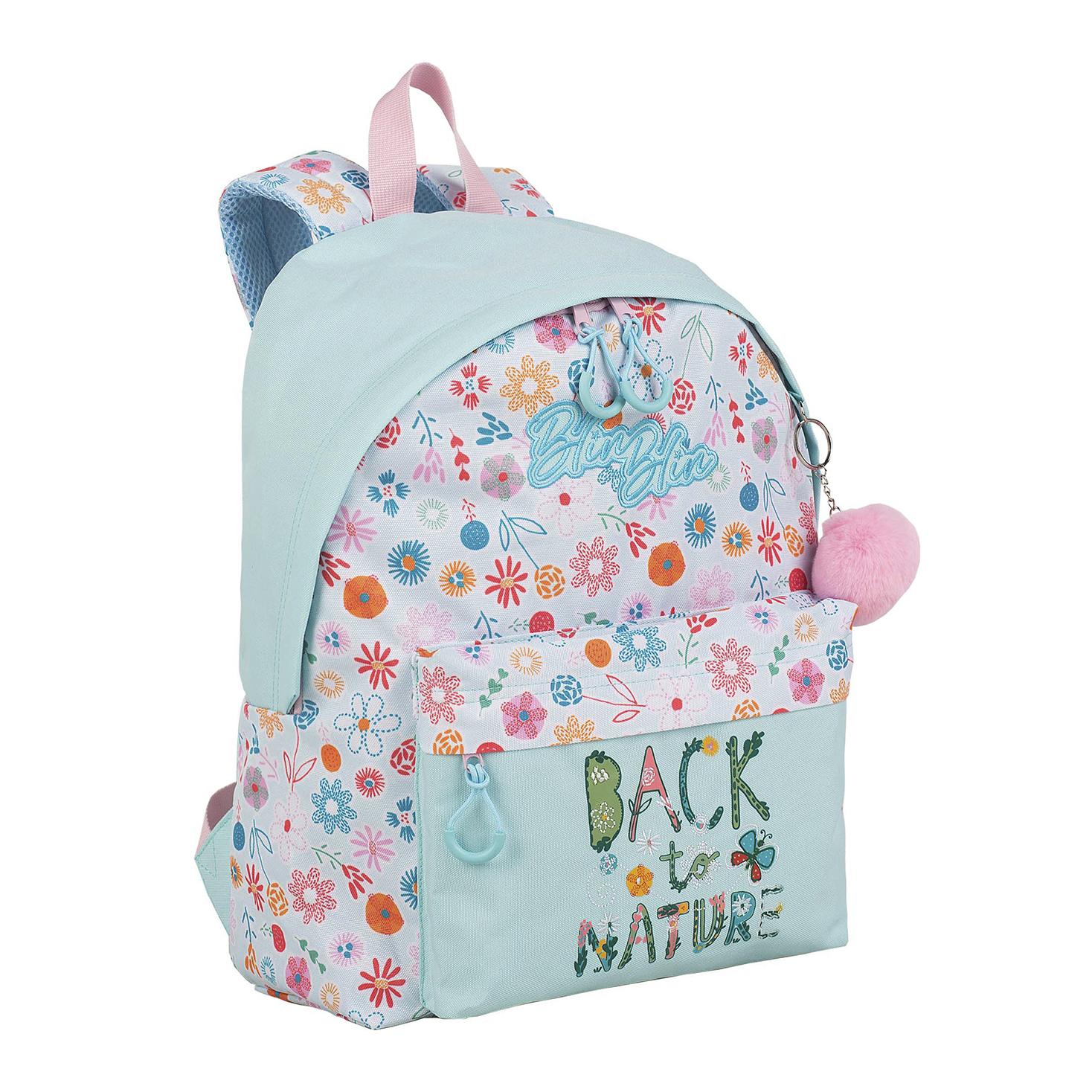 Blin-Blin Back To Nature mochila americano, adaptable a carro. Compartimento portalaptop. Con accesorio pom-pom.