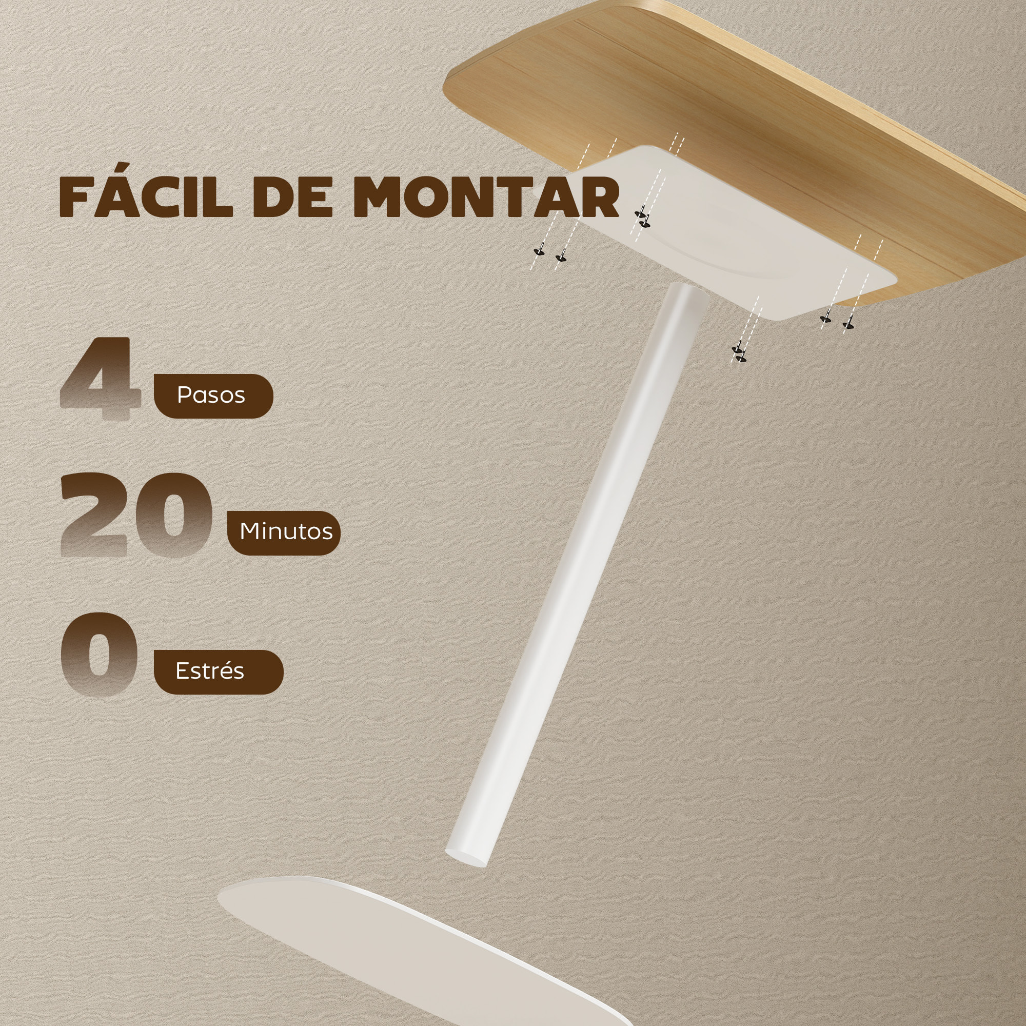 Mesa de Comedor Pequeña, Mesa de Cocina Cuadrada para 2 Personas, Base Cuadrada de Acero, para Espacios Pequeños, Salón, 60x60x75 cm, Madera Natural y Blanco