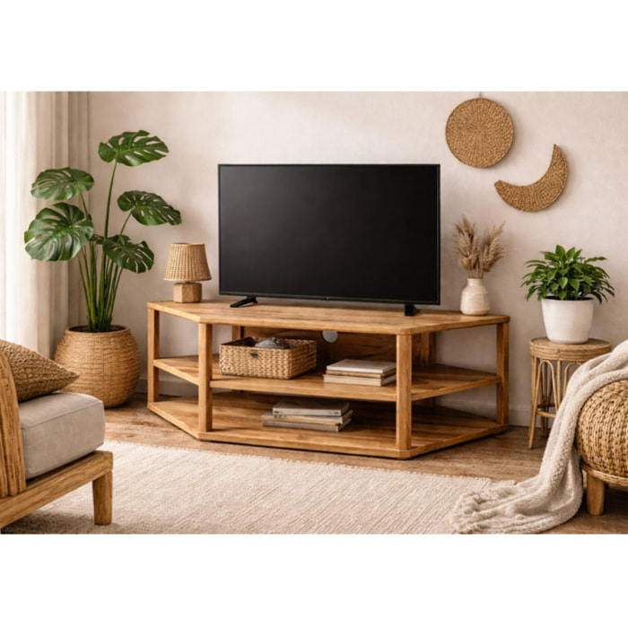 Meuble TV d'angle hexagonal L. 110 cm en bois de teck massif - ROMA