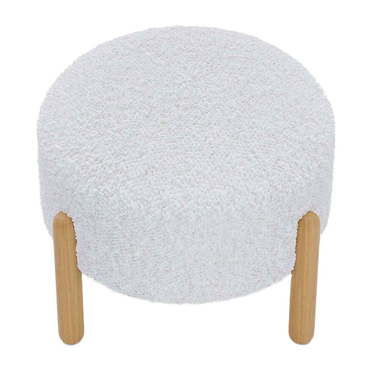 Pouf laine bouclée blanche & bois