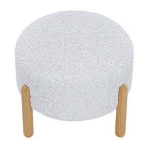 Pouf laine bouclée blanche & bois