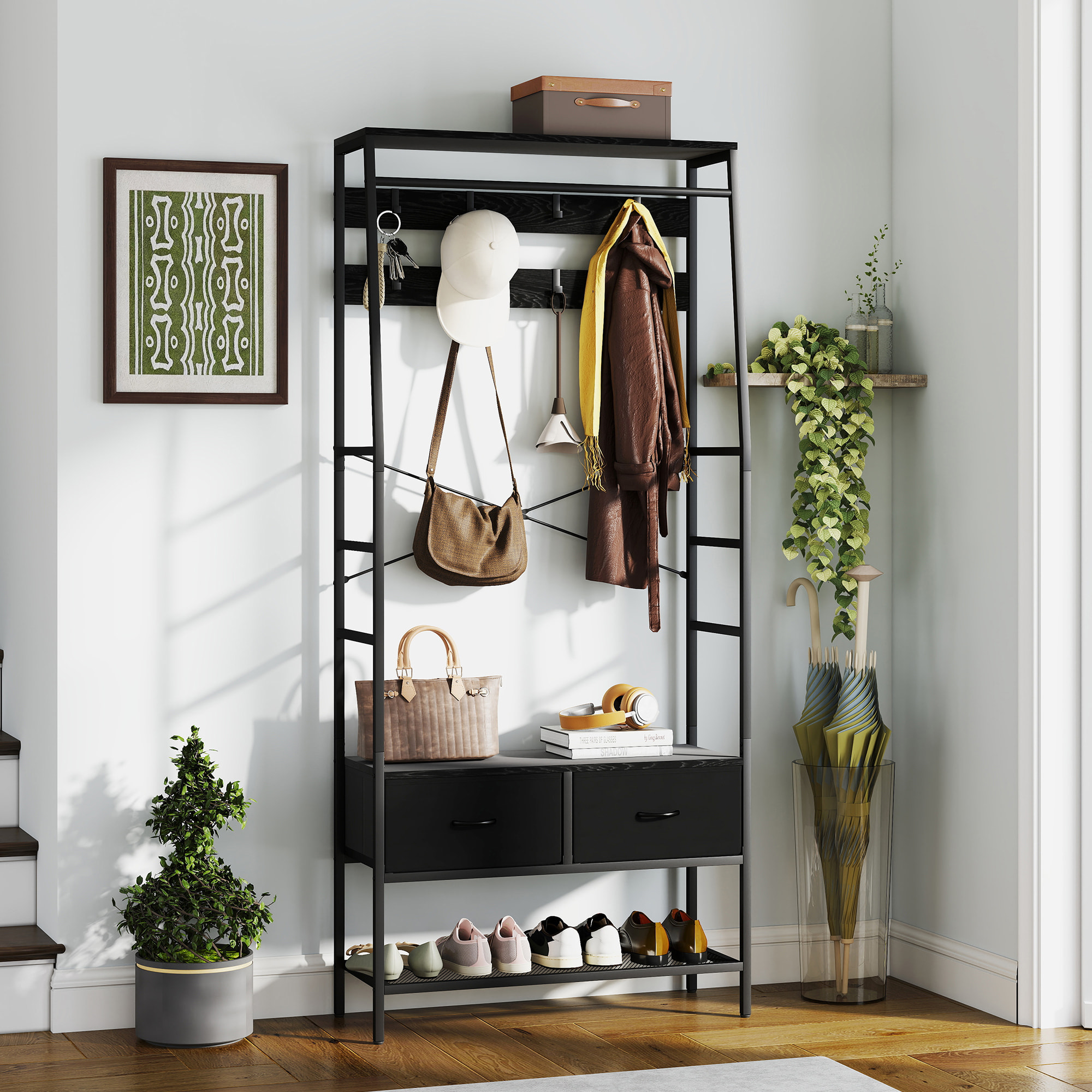 Porte-manteau vestiaire d'entrée style industriel multi-rangement dim. 80 x 30 x 180 cm noir