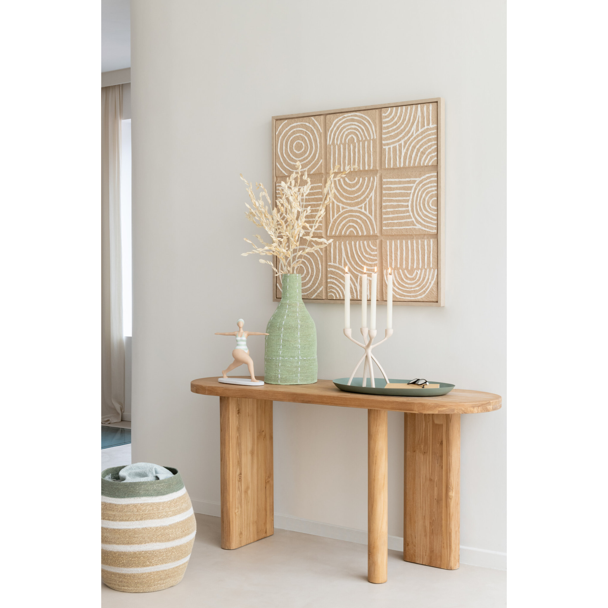 J-Line vase Forme Bouteille Pointilles Lignes - jonc de mer - vert/blanc - 50 cm de hauteur