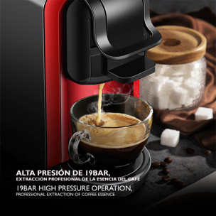 Cafetera multifunción de 1450 W y 19 bar, compatible con cápsulas y café molido. Con depósito de agua extraíble de 0,6 L.